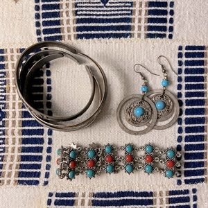 Bundle of silver boho jewelry (bangles bracelet earrings)